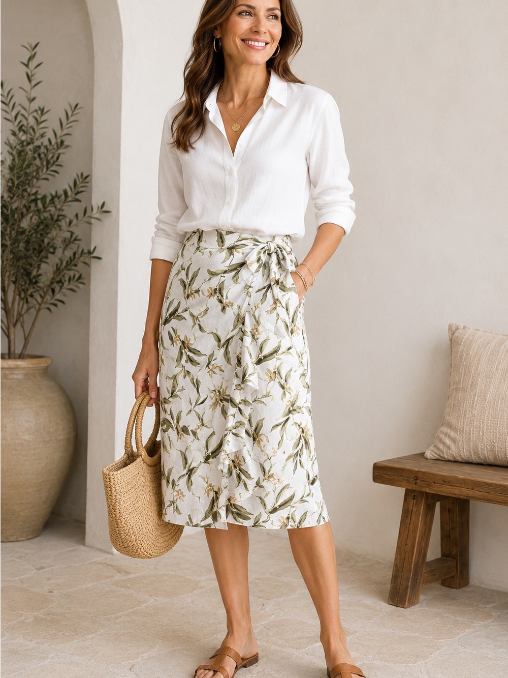 Chico’s Aria Leaf Faux Wrap Linen Skirt Botanical Print Size 12 NWT